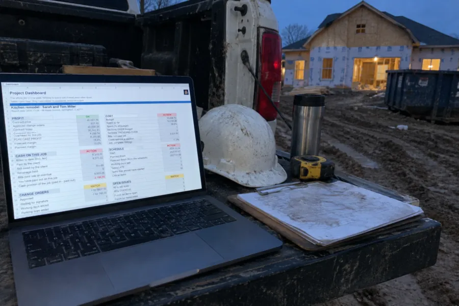 Project Dashboard open on a laptop on a truck tailgate at a construction site